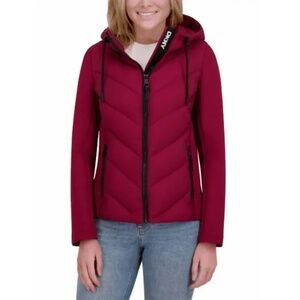 DKNY Women's Mix Media Chevron Channel Burgundy Puffer Lite Jacket Sz M 3 Season